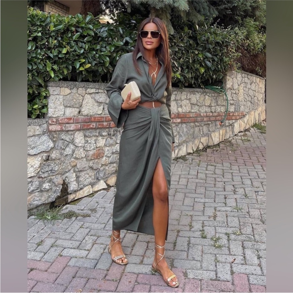 Zara Set: Olive Green Linen Blend Bell Sleeve Tie Top & Knot Midi Skirt